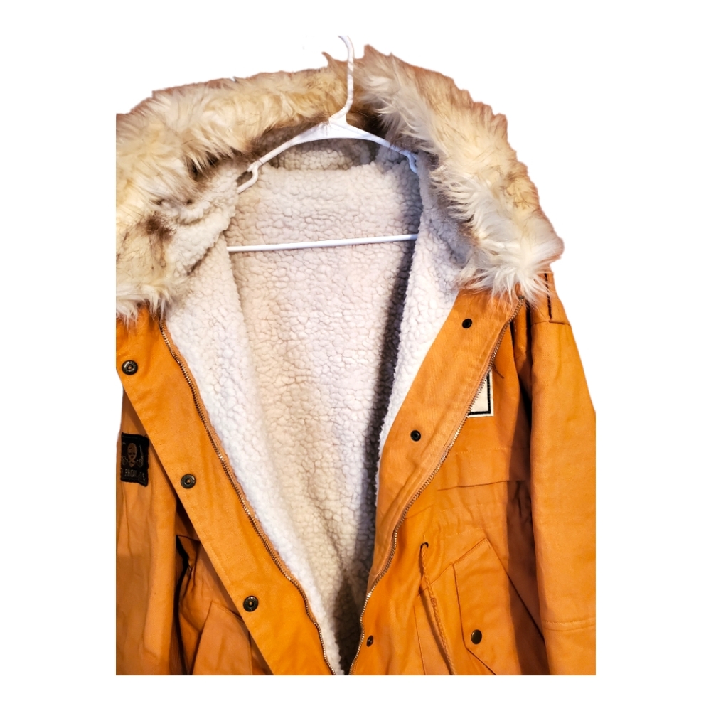 Yellow Fur Hooded Zipper Embellished Fleece Inside Military Coat - Picture 2 of 8